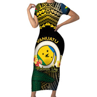 Personalised Malampa Day Short Sleeve Bodycon Dress Vanuatu Provinces Polynesian Pattern LT14 Long Dress Black - Polynesian Pride