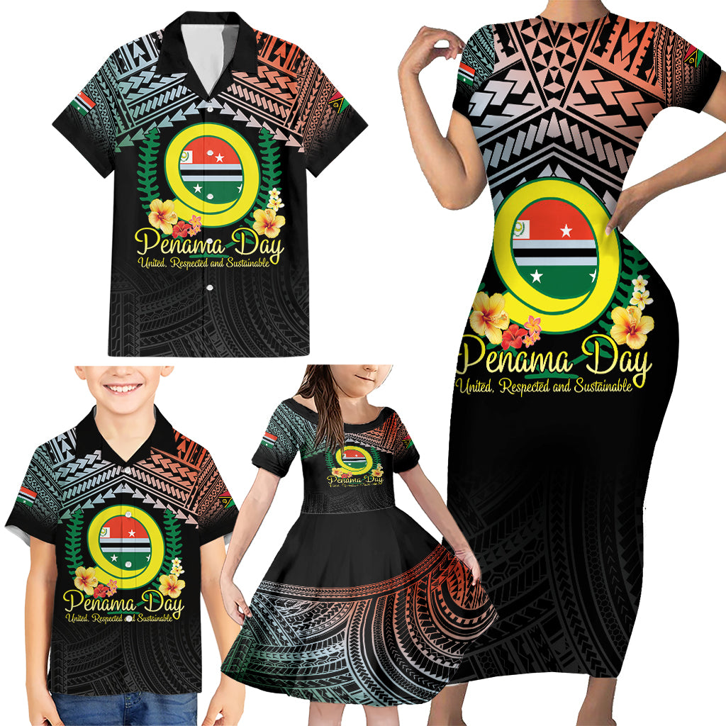 Personalised Penama Day Family Matching Short Sleeve Bodycon Dress and Hawaiian Shirt Vanuatu Provinces Polynesian Pattern