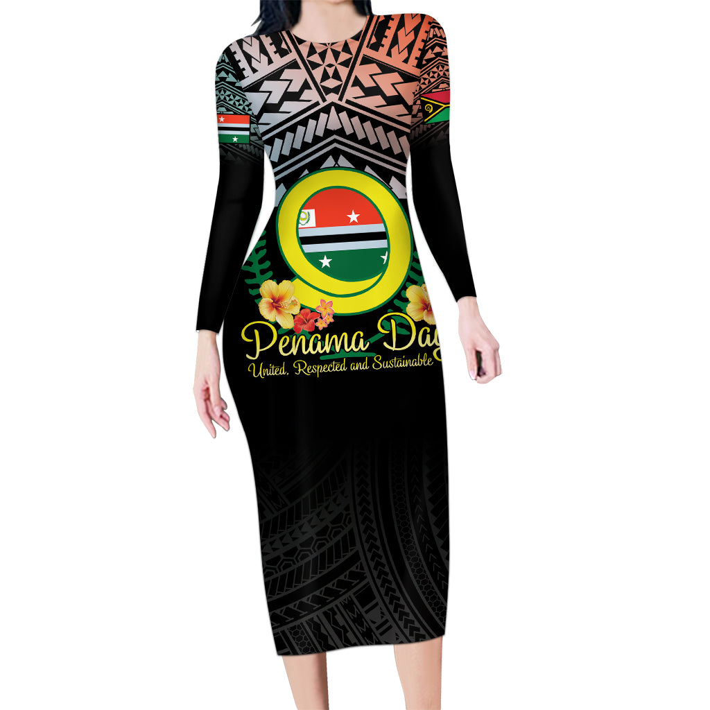 Personalised Penama Day Long Sleeve Bodycon Dress Vanuatu Provinces Polynesian Pattern LT14 Long Dress Black - Polynesian Pride