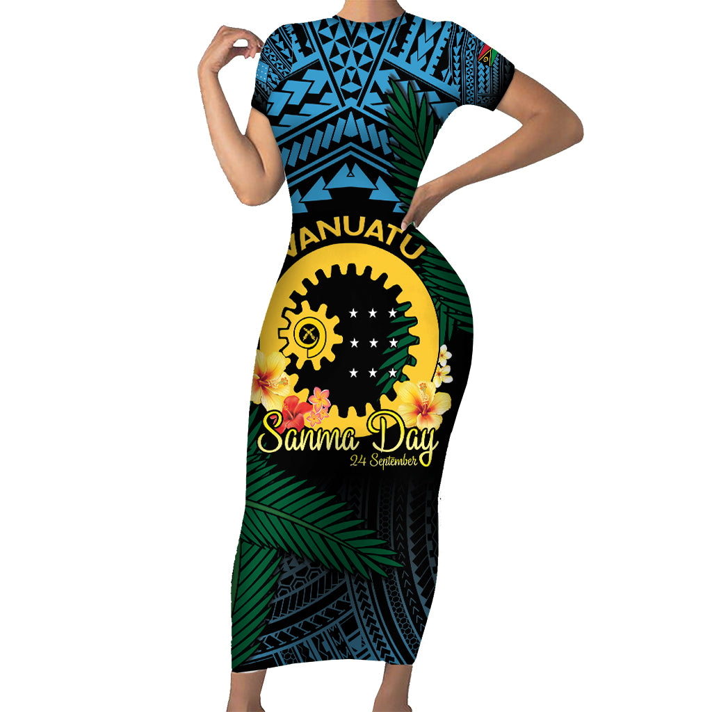 Personalised Sanma Day Short Sleeve Bodycon Dress Vanuatu Provinces Polynesian Pattern LT14 Long Dress Black - Polynesian Pride