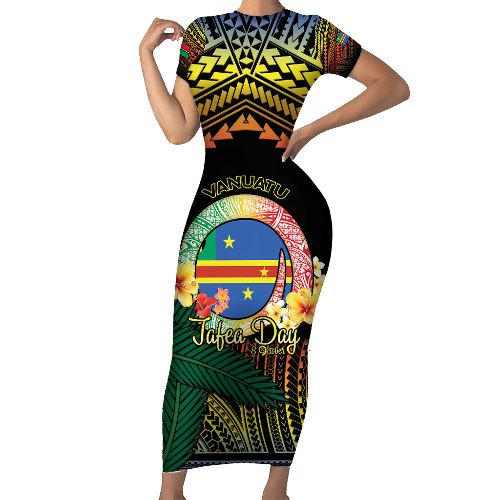 Personalised Tafea Day Short Sleeve Bodycon Dress Vanuatu Provinces Polynesian Pattern LT14 Long Dress Black - Polynesian Pride