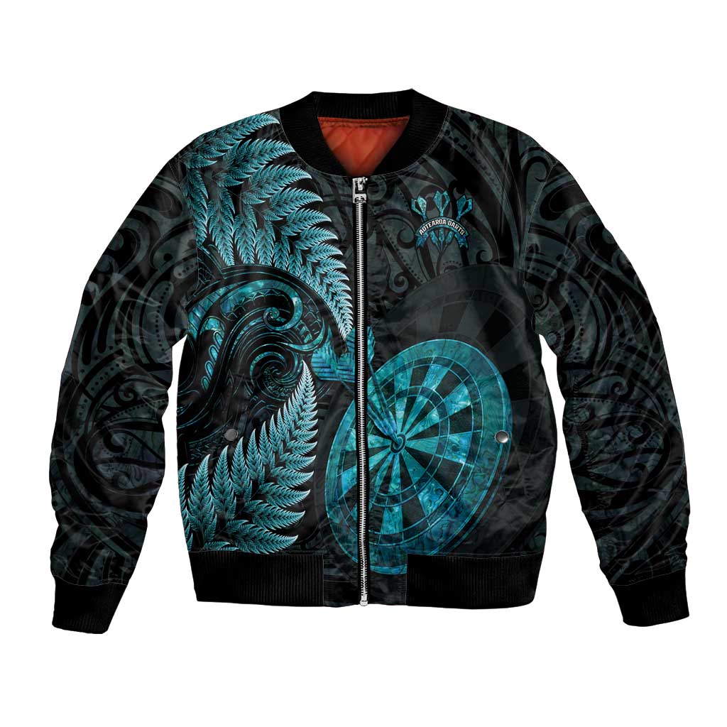 Personalised New Zealand Darts Bomber Jacket Happiness Is A Tight Threesome Maori Paua Shell LT14 Unisex Turquoise - Polynesian Pride