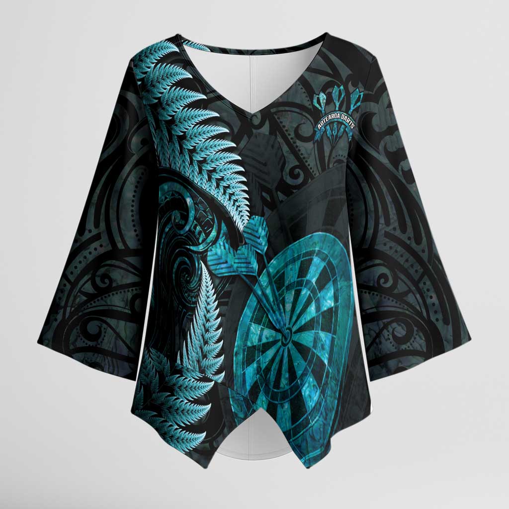 Personalised New Zealand Darts Kimono Sleeve Blouse Happiness Is A Tight Threesome Maori Paua Shell LT14 Female Turquoise - Polynesian Pride