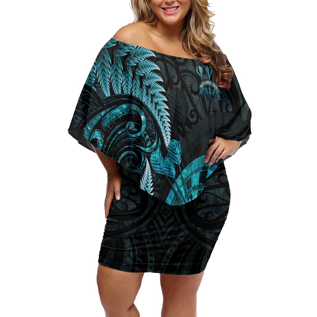 Personalised New Zealand Darts Off Shoulder Short Dress Happiness Is A Tight Threesome Maori Paua Shell LT14 Women Turquoise - Polynesian Pride