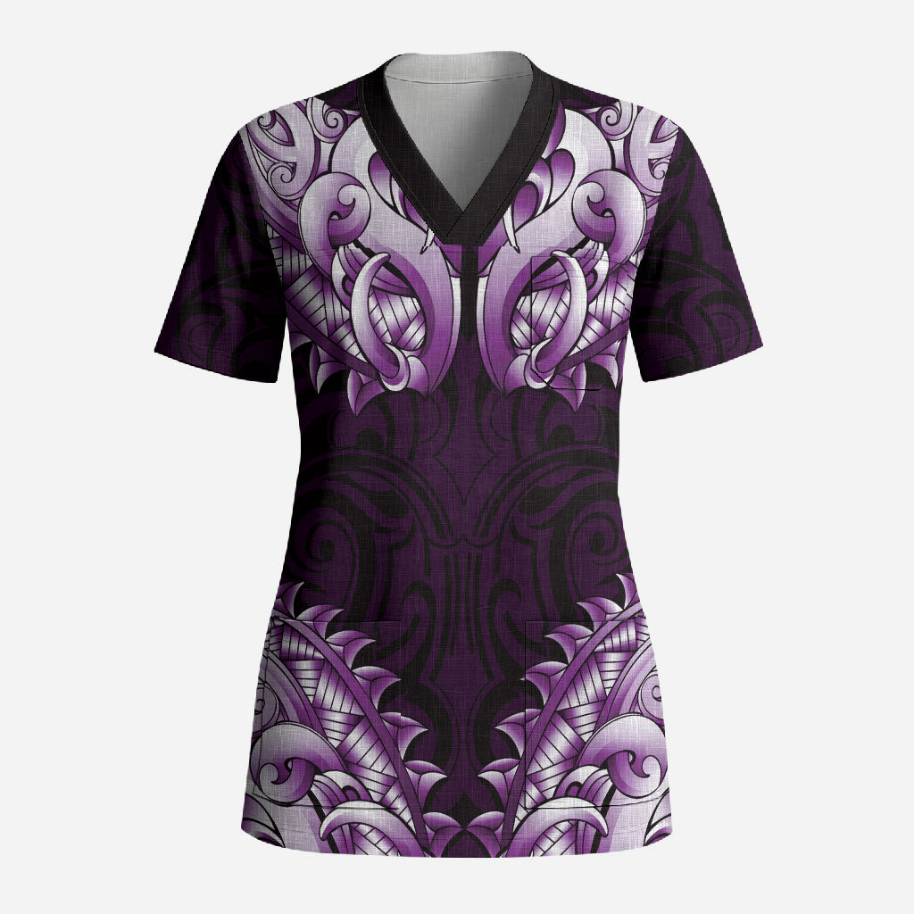 New Zealand Ta Moko Scrub Top Aotearoa Maori Chest Tattoo Purple LT14 Adult Purple - Polynesian Pride