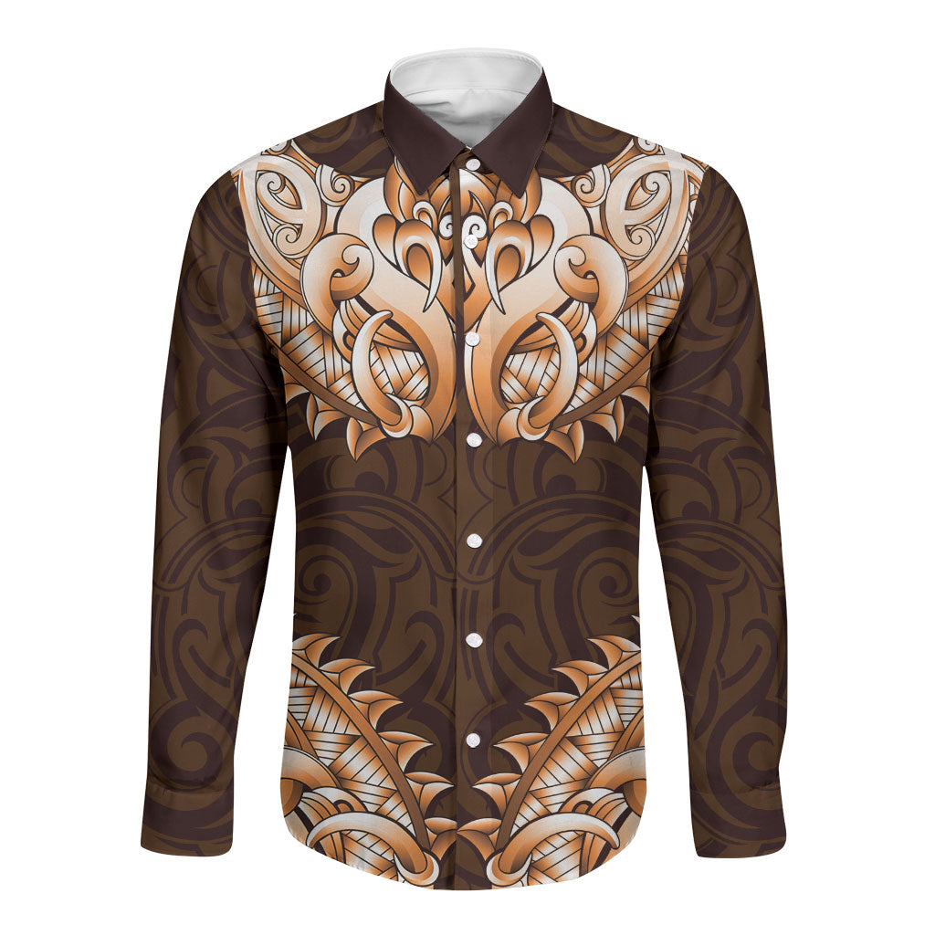 New Zealand Ta Moko Long Sleeve Button Shirt Aotearoa Maori Chest Tattoo Orange LT14 Unisex Orange - Polynesian Pride