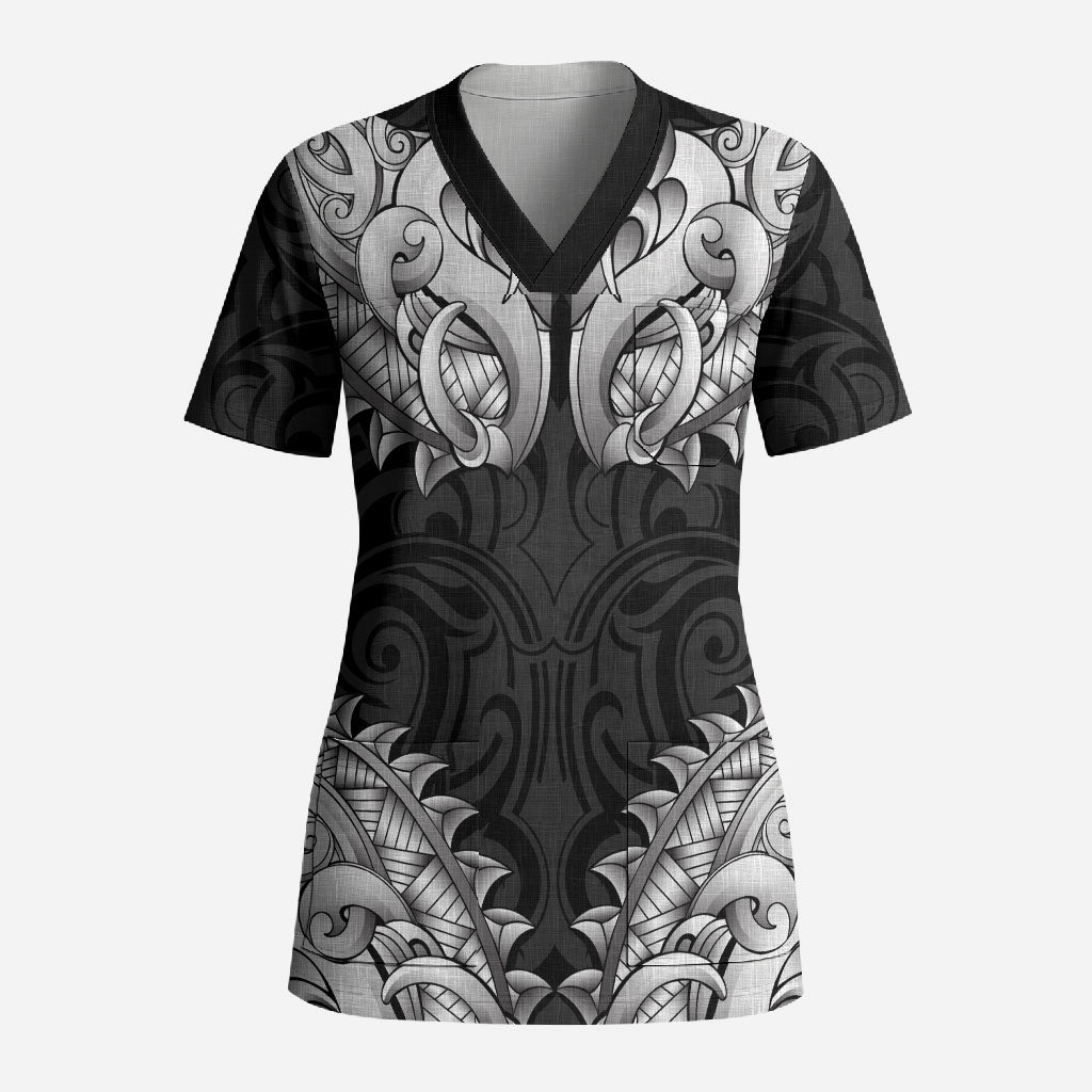 New Zealand Ta Moko Scrub Top Aotearoa Maori Chest Tattoo Black LT14 Adult Black - Polynesian Pride