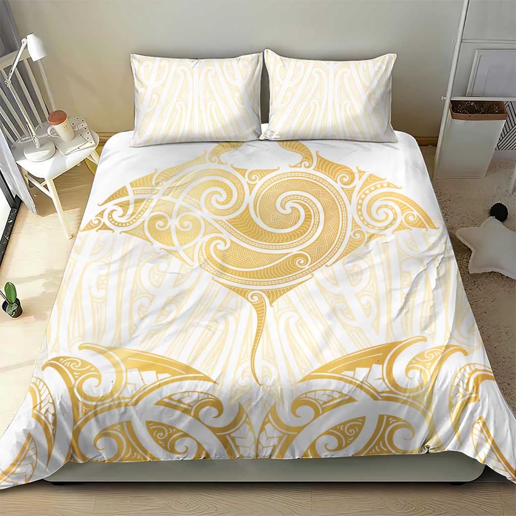 Gold White New Zealand Manta Ray Bedding Set Aotearoa Maori Haehae LT14 - Polynesian Pride