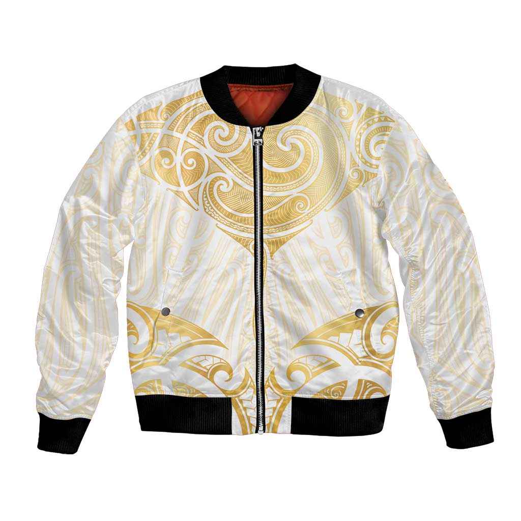 Gold White New Zealand Manta Ray Bomber Jacket Aotearoa Maori Haehae LT14 Unisex White - Polynesian Pride