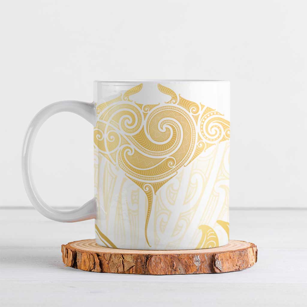 Gold White New Zealand Manta Ray Ceramic Mug Aotearoa Maori Haehae LT14 White - Polynesian Pride