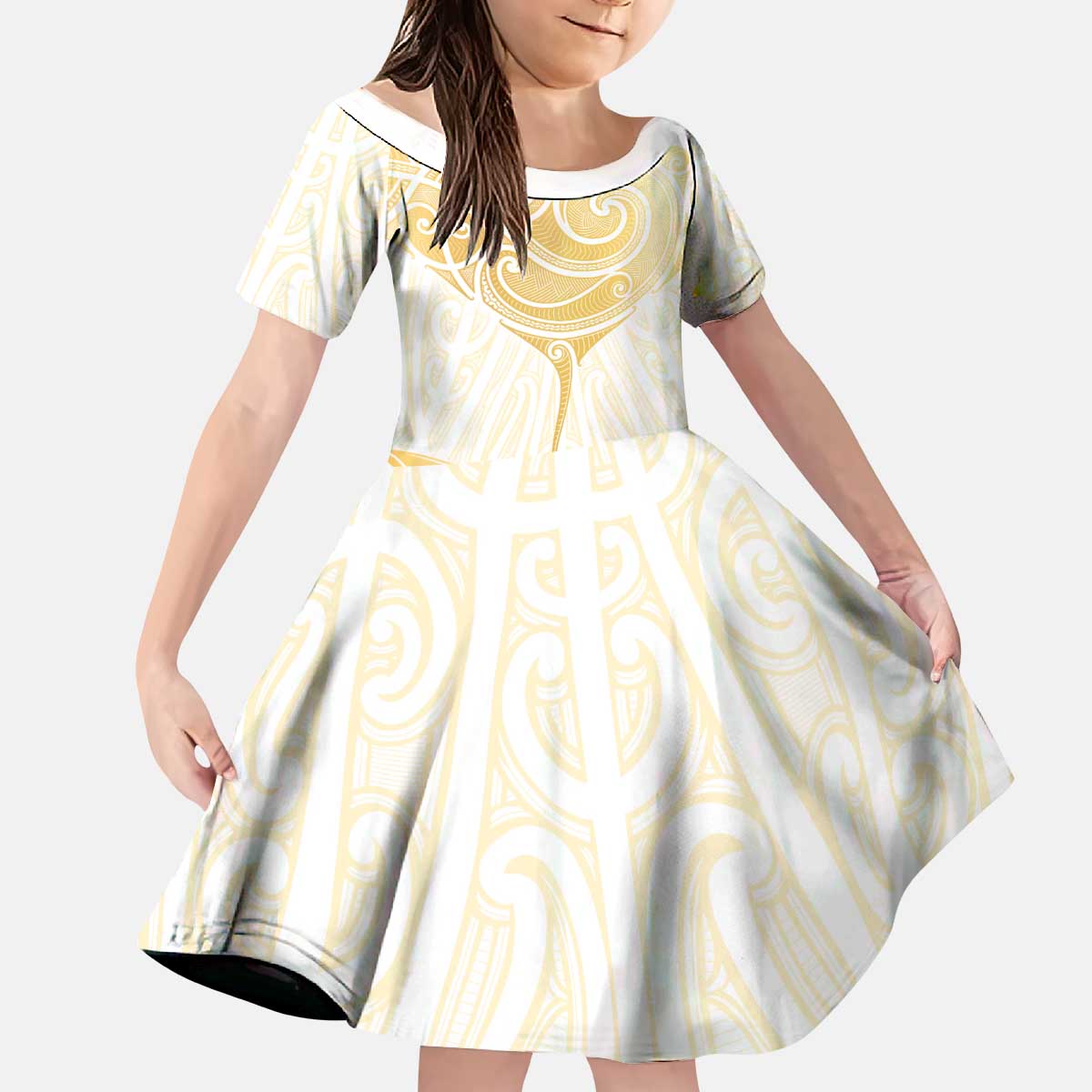 Gold White New Zealand Manta Ray Kid Short Sleeve Dress Aotearoa Maori Haehae LT14 KID White - Polynesian Pride