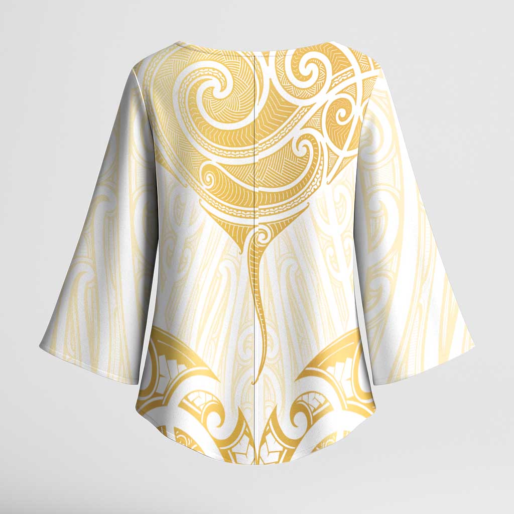 Gold White New Zealand Manta Ray Kimono Sleeve Blouse Aotearoa Maori Haehae LT14 - Polynesian Pride