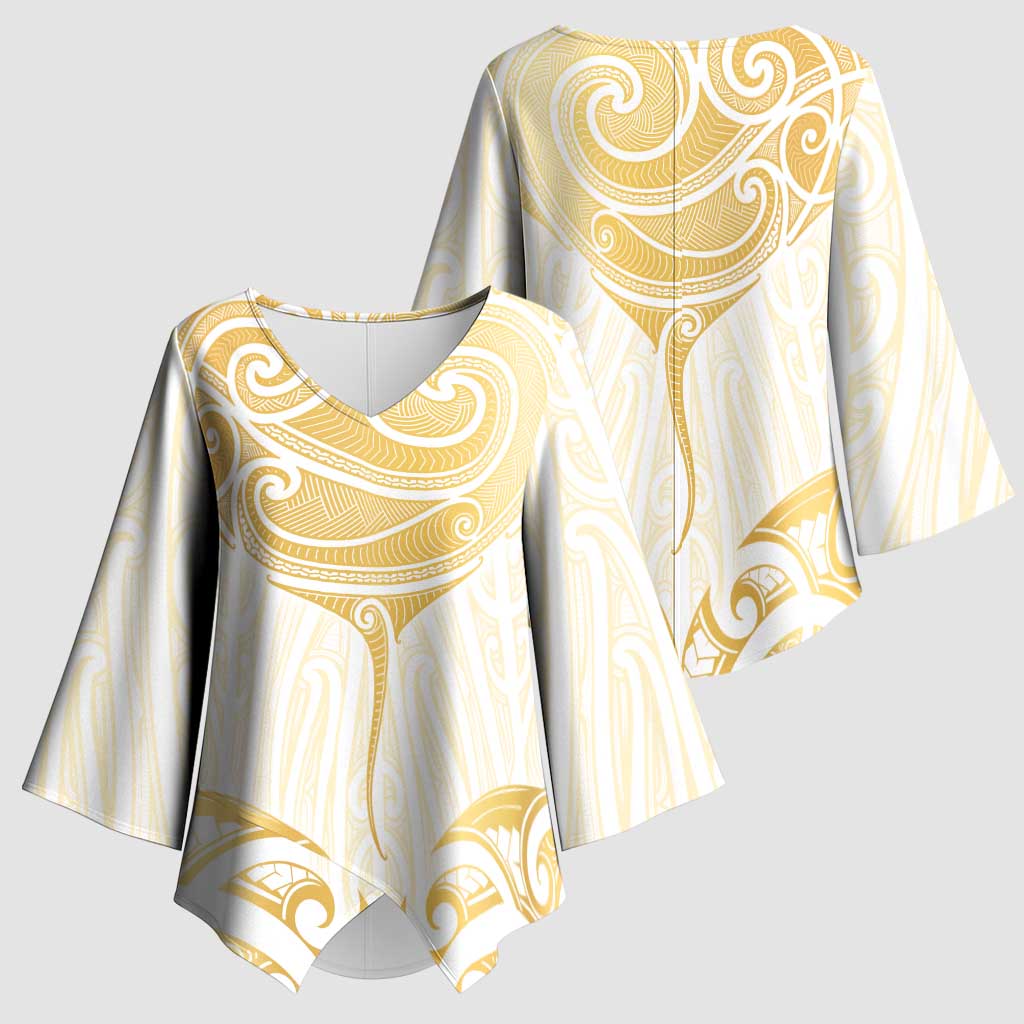 Gold White New Zealand Manta Ray Kimono Sleeve Blouse Aotearoa Maori Haehae LT14 - Polynesian Pride