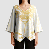 Gold White New Zealand Manta Ray Kimono Sleeve Blouse Aotearoa Maori Haehae LT14 - Polynesian Pride