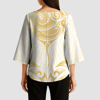 Gold White New Zealand Manta Ray Kimono Sleeve Blouse Aotearoa Maori Haehae LT14 - Polynesian Pride