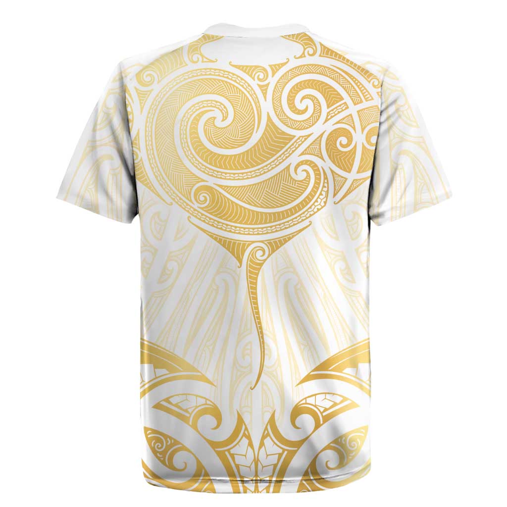 Gold White New Zealand Manta Ray Rugby Jersey Aotearoa Maori Haehae LT14 - Polynesian Pride