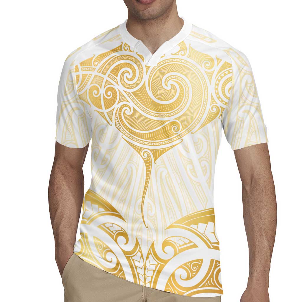 Gold White New Zealand Manta Ray Rugby Jersey Aotearoa Maori Haehae LT14 - Polynesian Pride