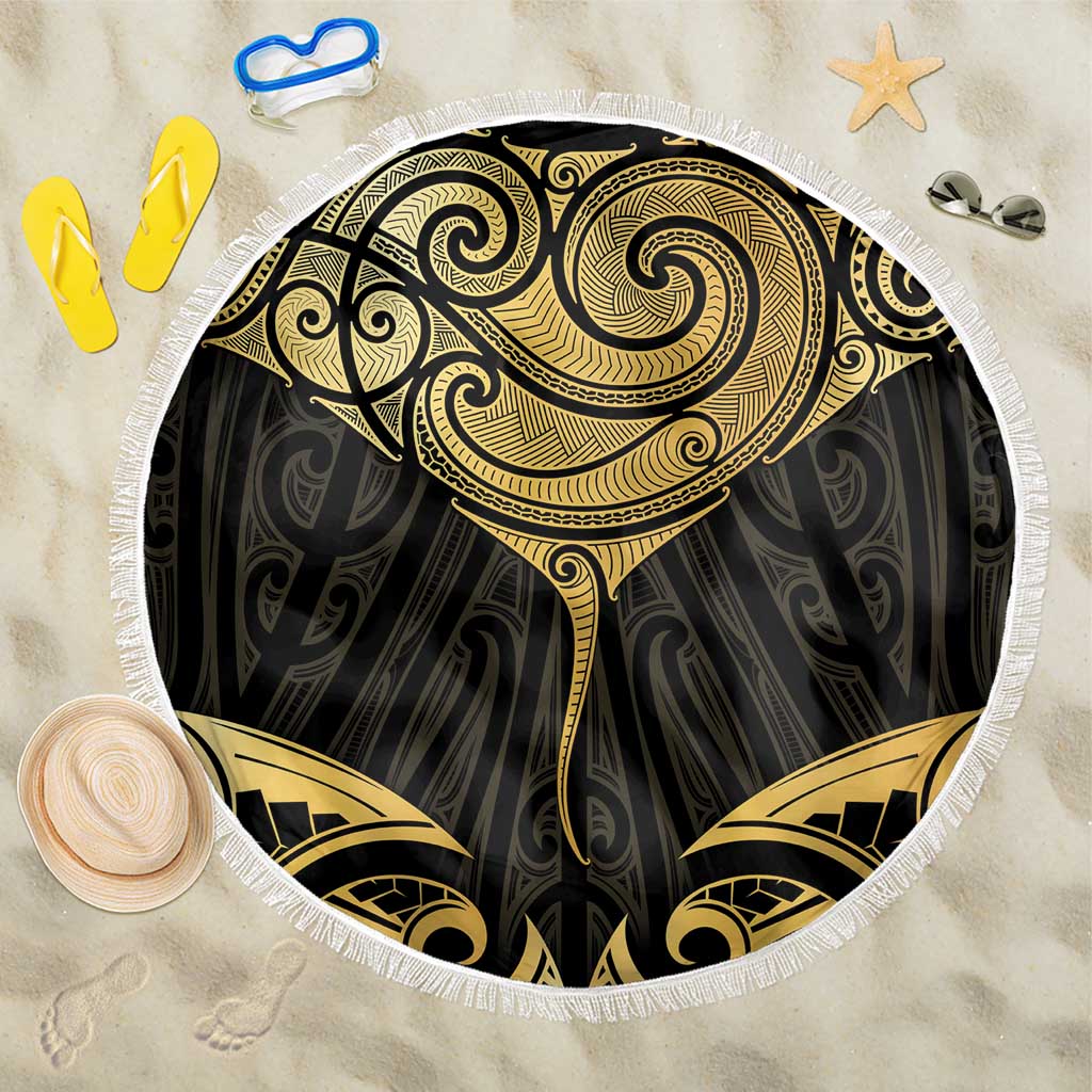 Gold Black New Zealand Manta Ray Beach Blanket Aotearoa Maori Haehae LT14 One Size 150cm Black - Polynesian Pride