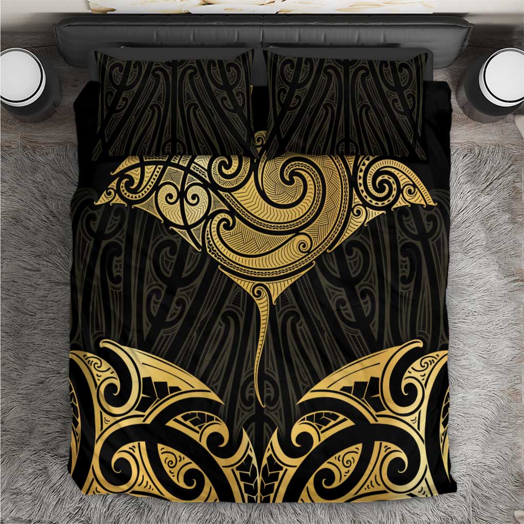 Gold Black New Zealand Manta Ray Bedding Set Aotearoa Maori Haehae LT14 Black - Polynesian Pride