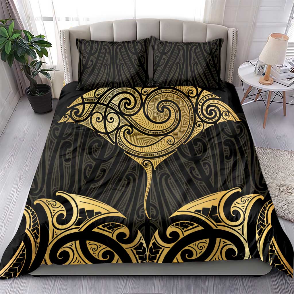 Gold Black New Zealand Manta Ray Bedding Set Aotearoa Maori Haehae LT14 - Polynesian Pride