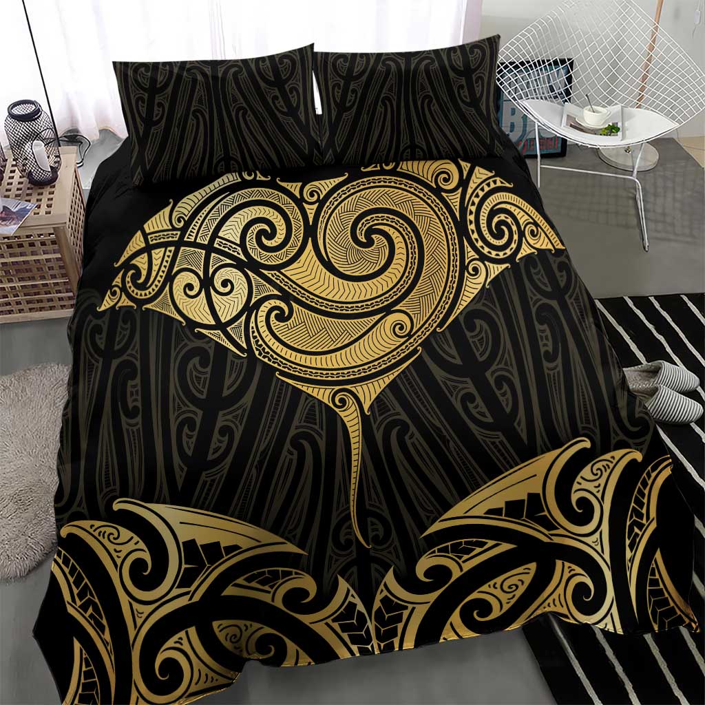 Gold Black New Zealand Manta Ray Bedding Set Aotearoa Maori Haehae LT14 - Polynesian Pride