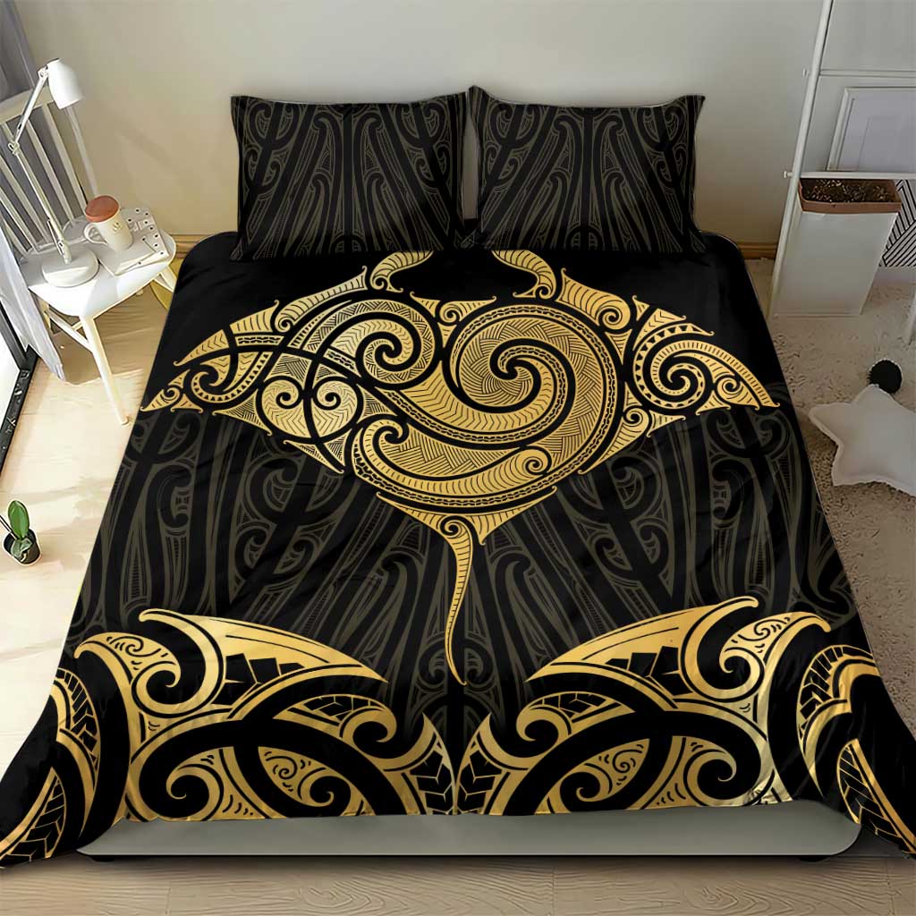 Gold Black New Zealand Manta Ray Bedding Set Aotearoa Maori Haehae LT14 - Polynesian Pride