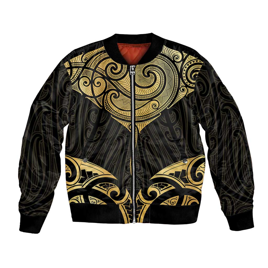 Gold Black New Zealand Manta Ray Bomber Jacket Aotearoa Maori Haehae LT14 Unisex Black - Polynesian Pride