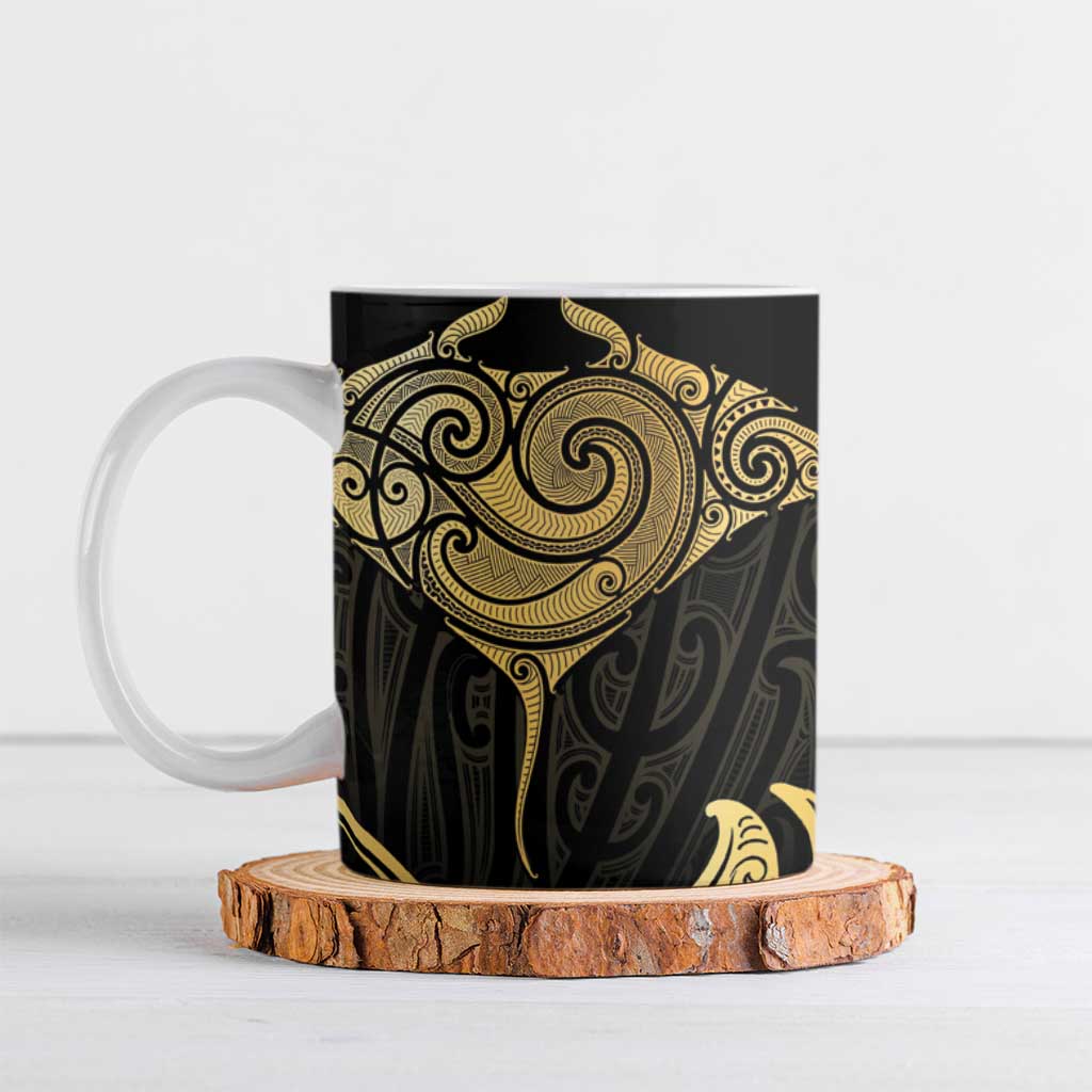Gold Black New Zealand Manta Ray Ceramic Mug Aotearoa Maori Haehae LT14 Black - Polynesian Pride