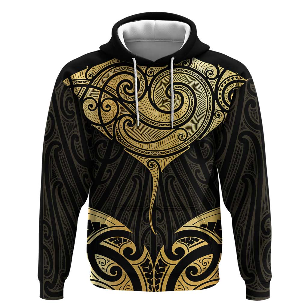 Gold Black New Zealand Manta Ray Hoodie Aotearoa Maori Haehae LT14 Pullover Hoodie Black - Polynesian Pride