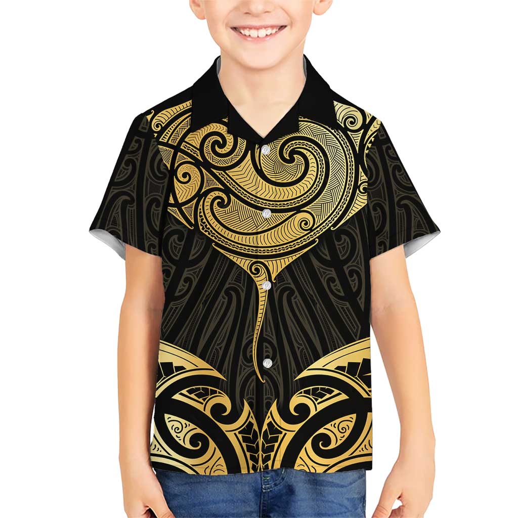 Gold Black New Zealand Manta Ray Kid Hawaiian Shirt Aotearoa Maori Haehae LT14 Kid Black - Polynesian Pride