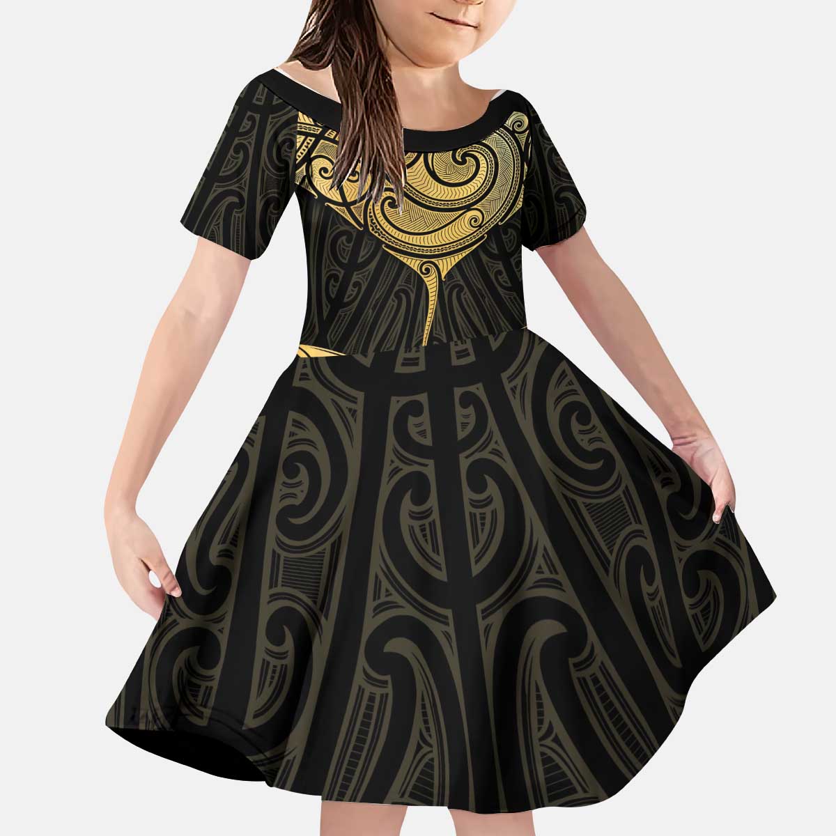 Gold Black New Zealand Manta Ray Kid Short Sleeve Dress Aotearoa Maori Haehae LT14 KID Black - Polynesian Pride