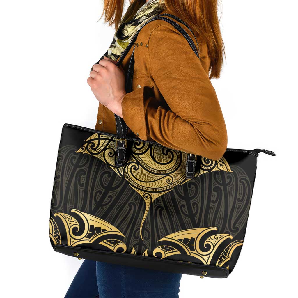 Gold Black New Zealand Manta Ray Leather Tote Bag Aotearoa Maori Haehae LT14 Black - Polynesian Pride