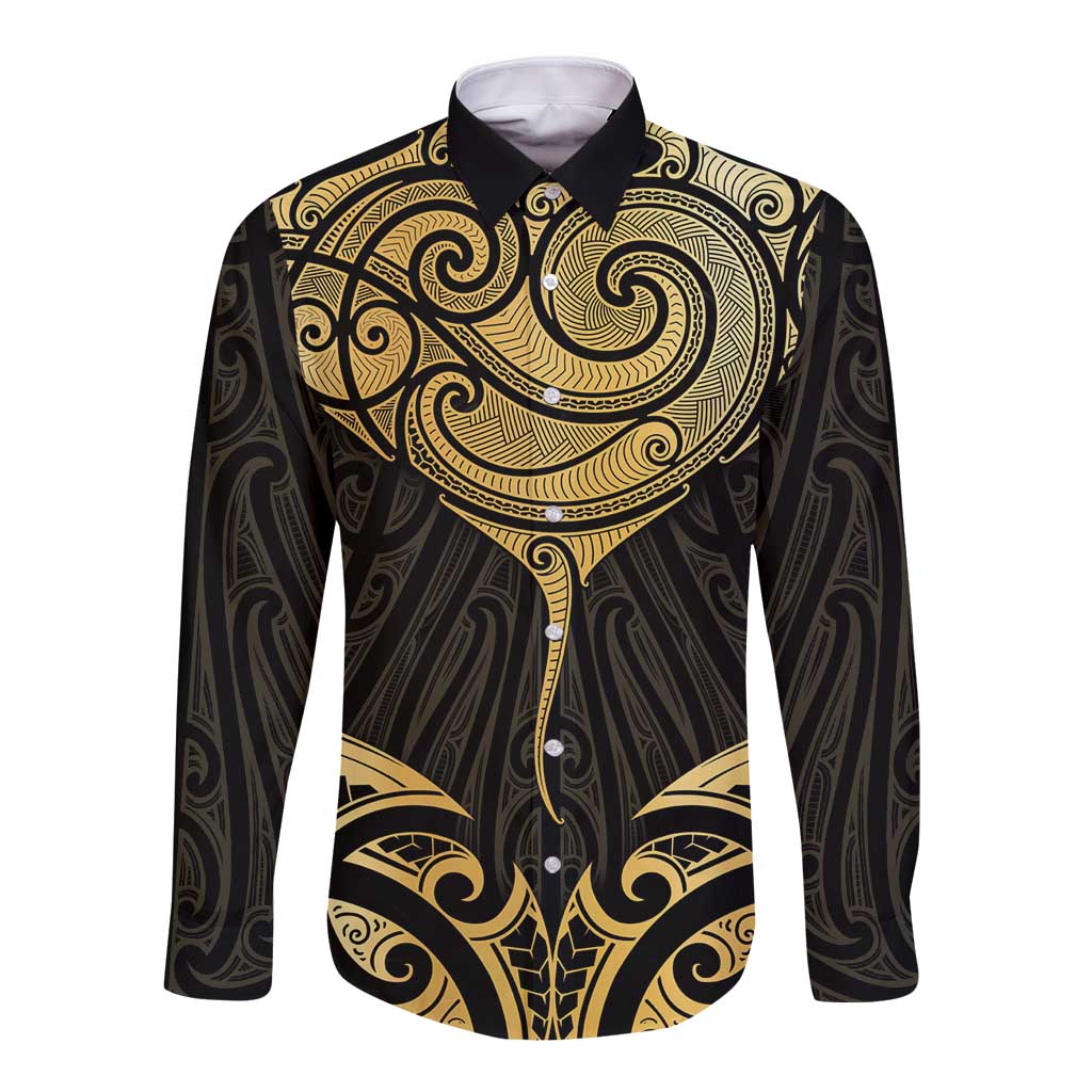Gold Black New Zealand Manta Ray Long Sleeve Button Shirt Aotearoa Maori Haehae LT14 Unisex Black - Polynesian Pride
