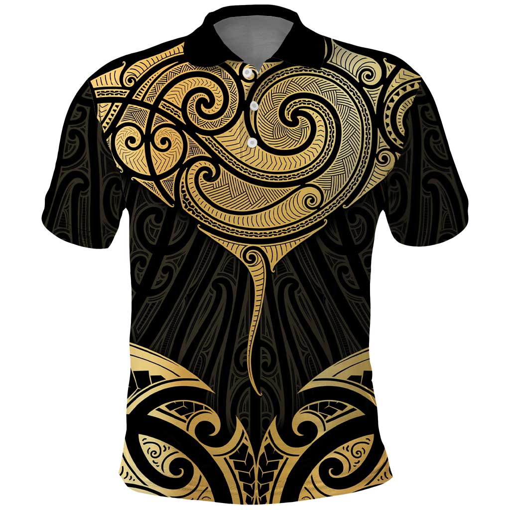 Gold Black New Zealand Manta Ray Polo Shirt Aotearoa Maori Haehae LT14 Black - Polynesian Pride