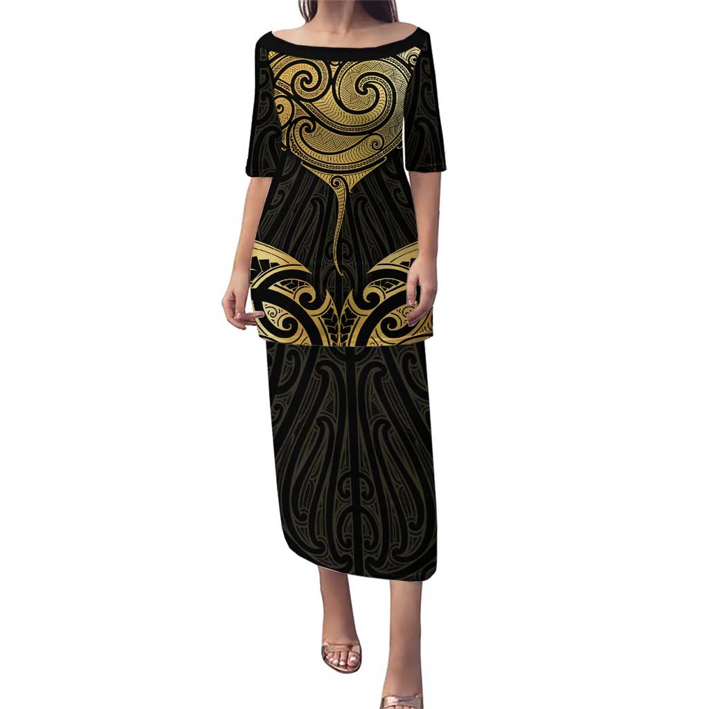 Gold Black New Zealand Manta Ray Puletasi Aotearoa Maori Haehae LT14 Long Dress Black - Polynesian Pride