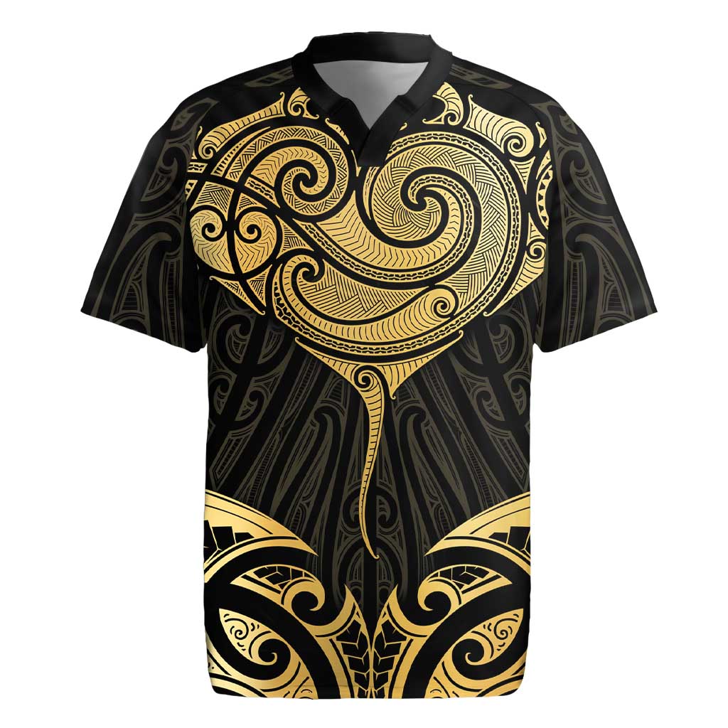 Gold Black New Zealand Manta Ray Rugby Jersey Aotearoa Maori Haehae LT14 Black - Polynesian Pride
