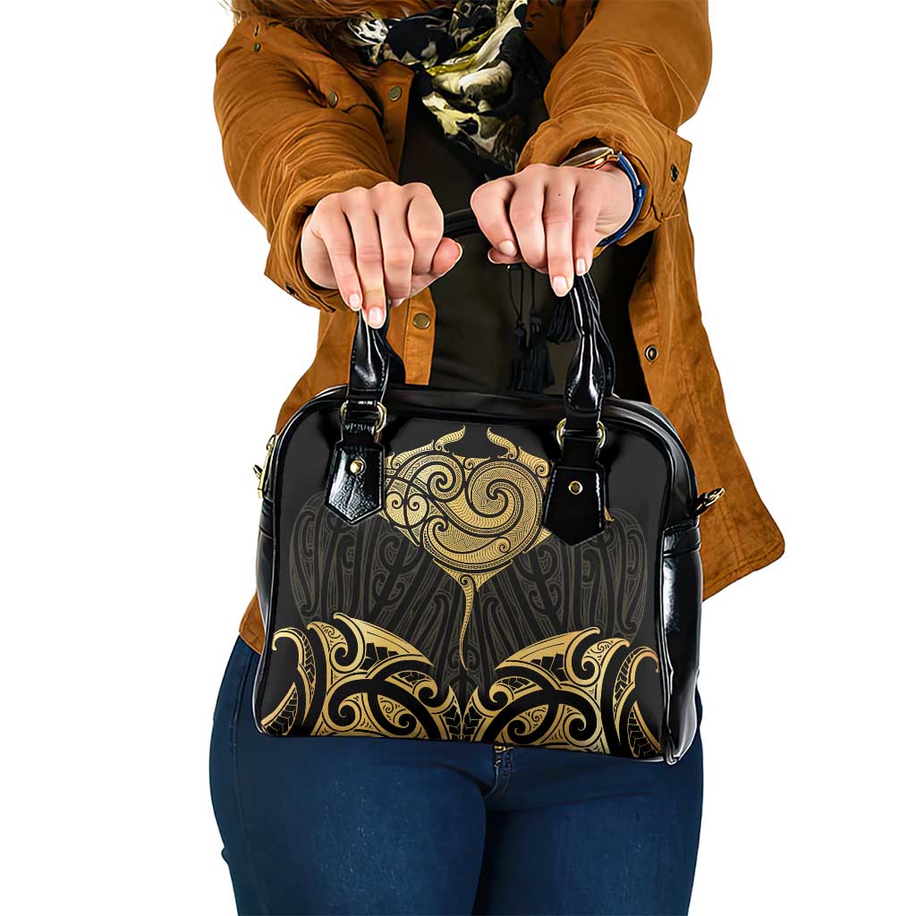 Gold Black New Zealand Manta Ray Shoulder Handbag Aotearoa Maori Haehae LT14 One Size Black - Polynesian Pride