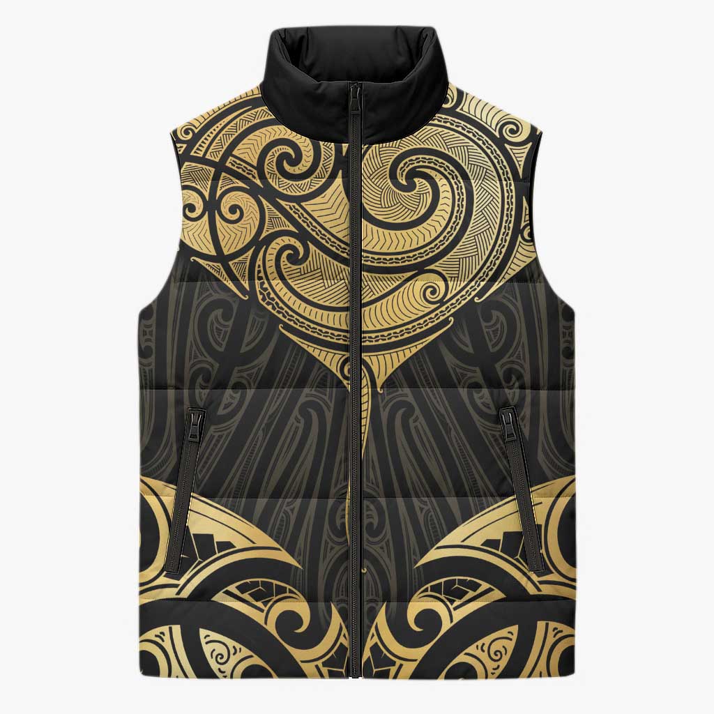 Gold Black New Zealand Manta Ray Sleeveless Puffer Jacket Aotearoa Maori Haehae LT14 Unisex Black - Polynesian Pride