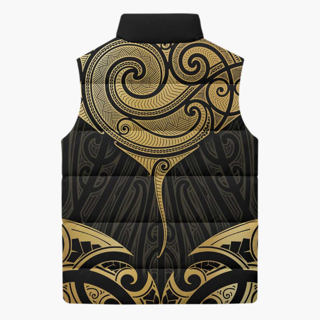Gold Black New Zealand Manta Ray Sleeveless Puffer Jacket Aotearoa Maori Haehae LT14 - Polynesian Pride