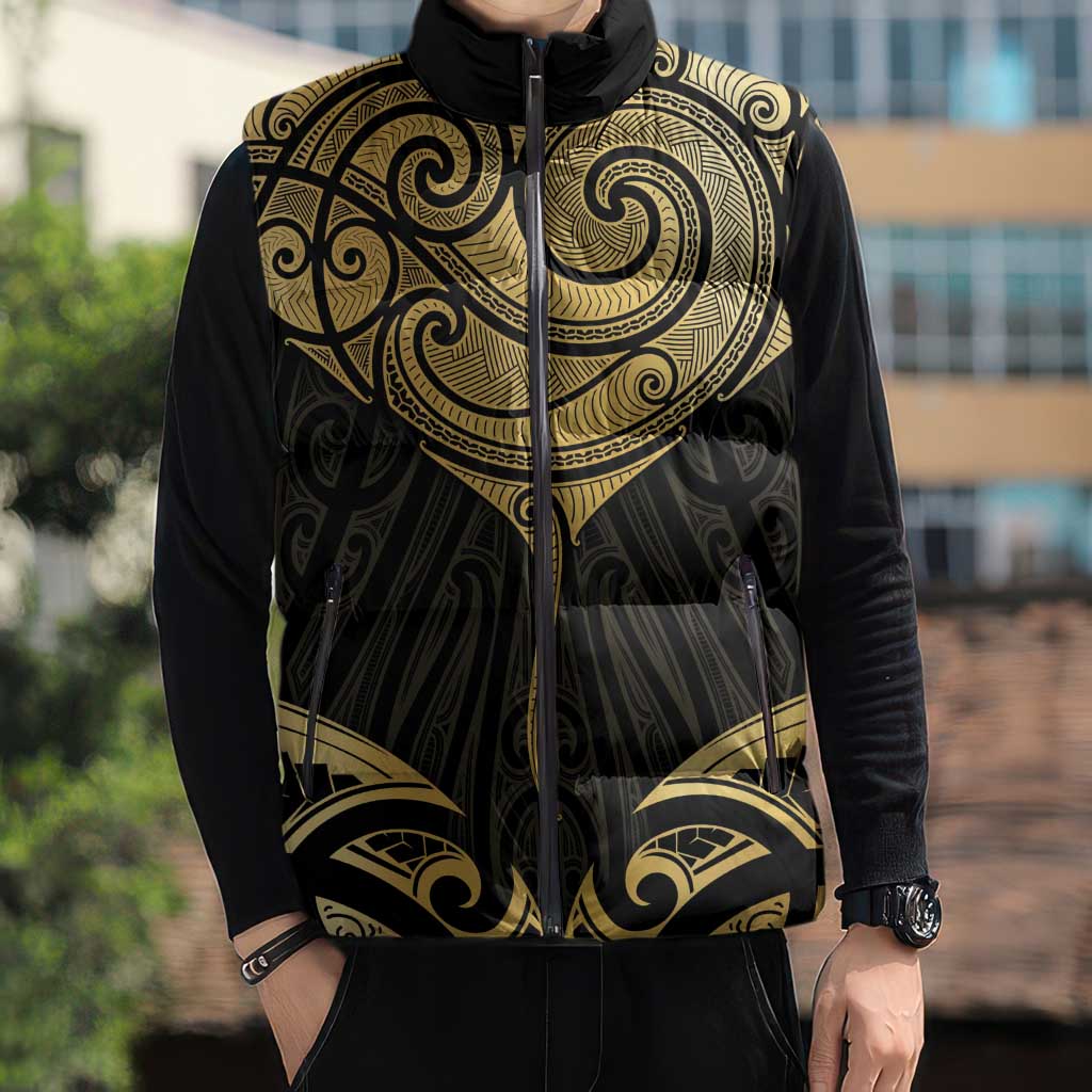 Gold Black New Zealand Manta Ray Sleeveless Puffer Jacket Aotearoa Maori Haehae LT14 - Polynesian Pride