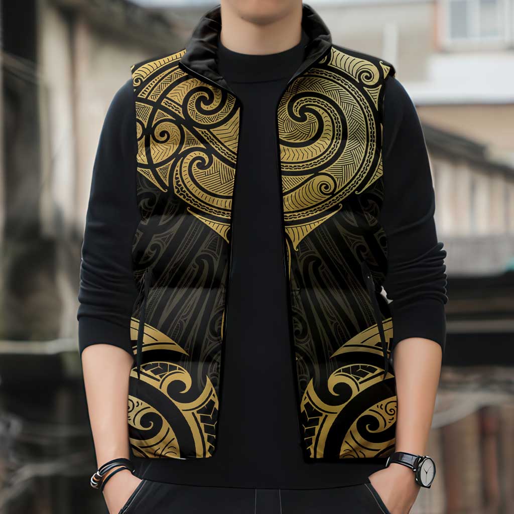 Gold Black New Zealand Manta Ray Sleeveless Puffer Jacket Aotearoa Maori Haehae LT14 - Polynesian Pride