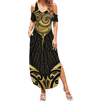 Gold Black New Zealand Manta Ray Summer Maxi Dress Aotearoa Maori Haehae LT14 Women Black - Polynesian Pride