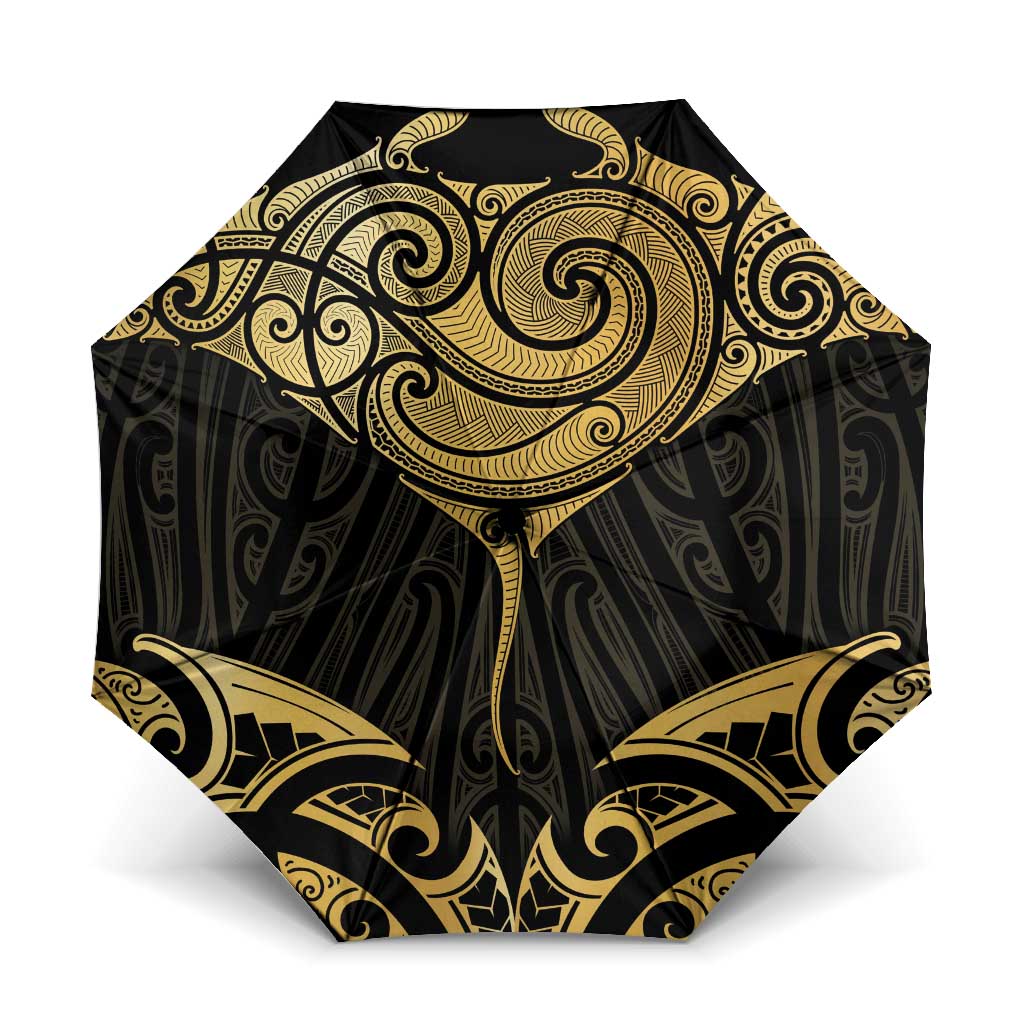 Gold Black New Zealand Manta Ray Umbrella Aotearoa Maori Haehae LT14 One Size Folded 11.42 inch Opened Diameter 37.4 inch Black - Polynesian Pride