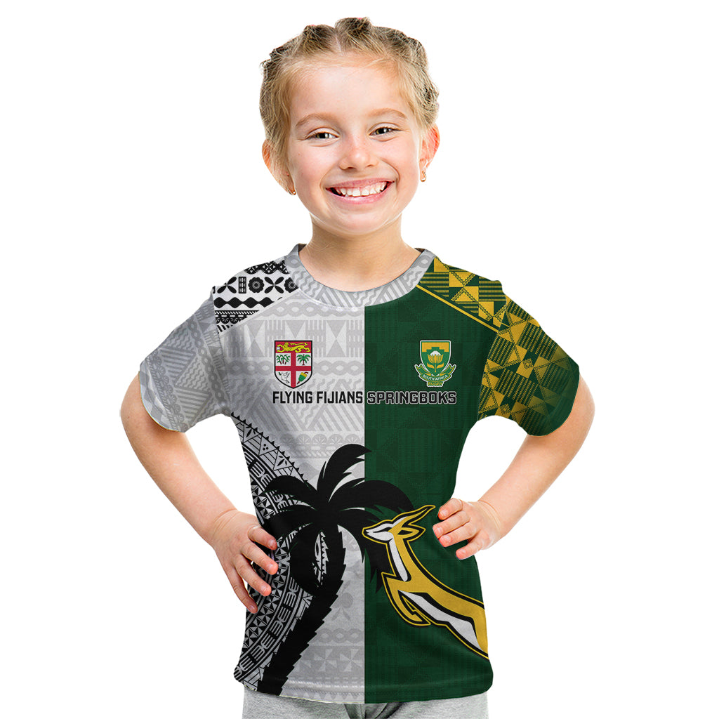 South Africa And Fiji Rugby Kid T Shirt 2023 World Cup Fijian Tapa With Kente Pattern LT14 Green - Polynesian Pride