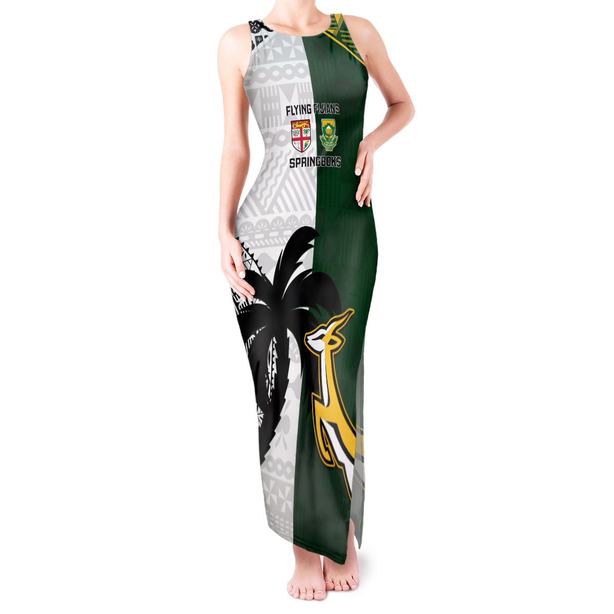 Custom South Africa And Fiji Rugby Tank Maxi Dress 2023 World Cup Fijian Tapa With Kente Pattern LT14 Women Green - Polynesian Pride