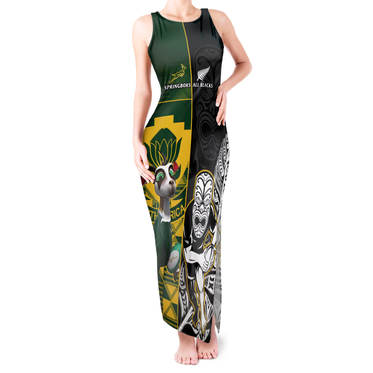 South Africa And Aotearoa Rugby Tank Maxi Dress 2023 Springboks Kente Combine All Black Maori Fern LT14 Women Green - Polynesian Pride