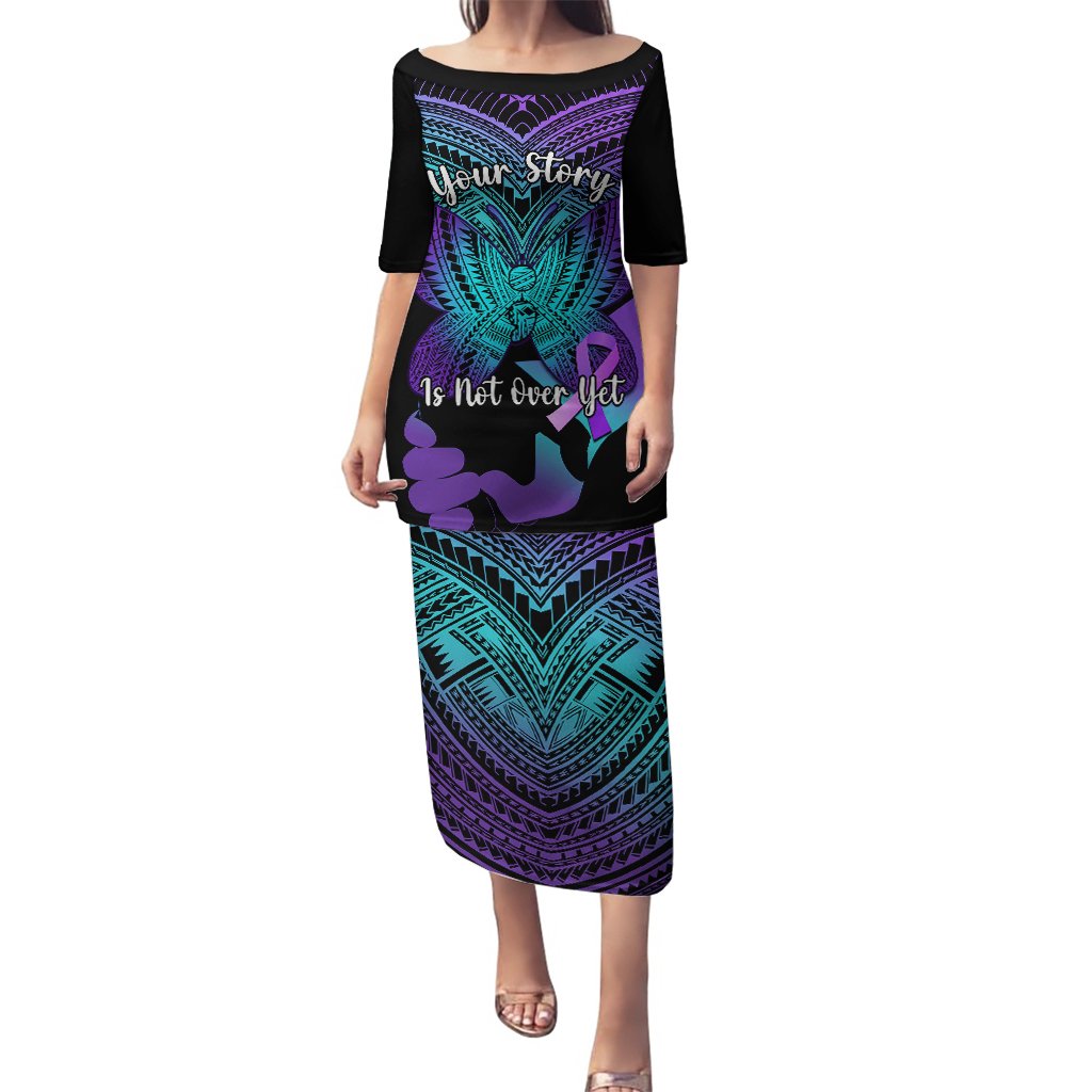 Suicide Awareness Your Story Is Not Over Yet Puletasi Polynesian Butterfly Tattoo LT14 Long Dress Purple - Polynesian Pride