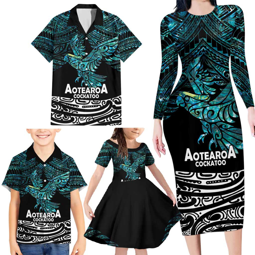 New Zealand Sulphur-crested Cockatoo Family Matching Long Sleeve Bodycon Dress and Hawaiian Shirt Aotearoa Maori Mix Paua Shell