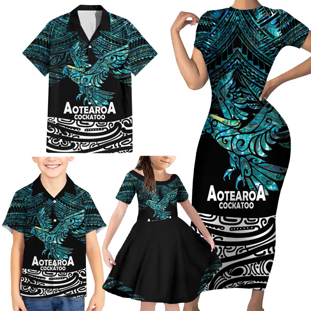 New Zealand Sulphur-crested Cockatoo Family Matching Short Sleeve Bodycon Dress and Hawaiian Shirt Aotearoa Maori Mix Paua Shell