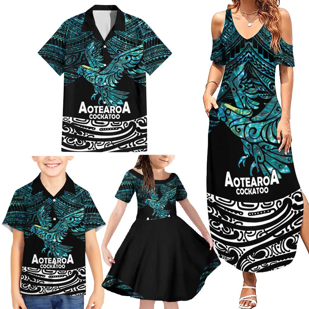 New Zealand Sulphur-crested Cockatoo Family Matching Summer Maxi Dress and Hawaiian Shirt Aotearoa Maori Mix Paua Shell